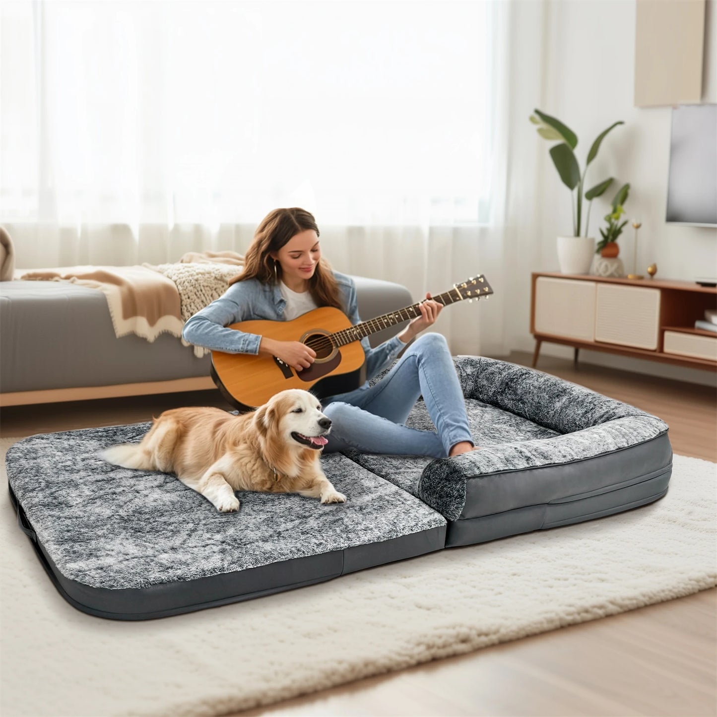 Orthopedic Dog Bed Foldable Calming Plush Cover Sponge Base