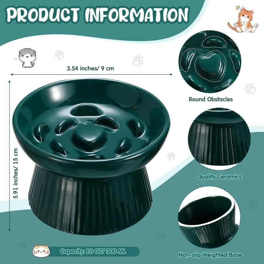 2 Pcs Raised Cat Slow Feeder Bowl Ceramic Elevated Cat Dog Food Bowl 