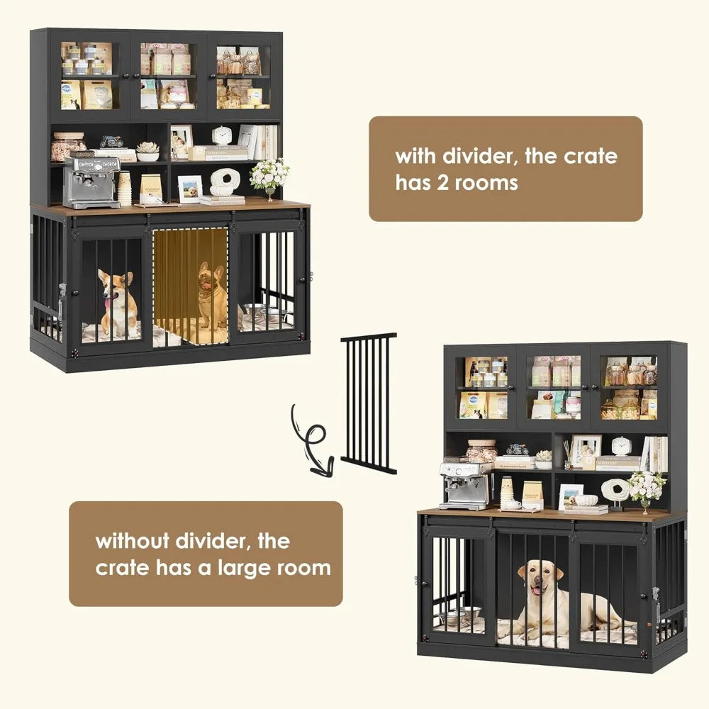 Dog Crate Furniture for Pets with Divider and Four Doors