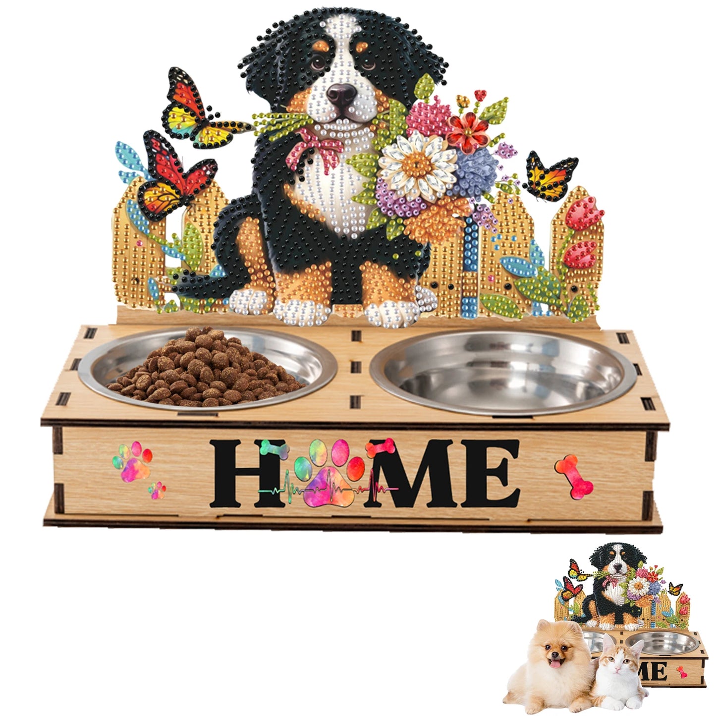 5D DIY Diamond Painting Water Feeder Kit Rhinestone Stainless Steel Pet Bowl for Cats and Dogs