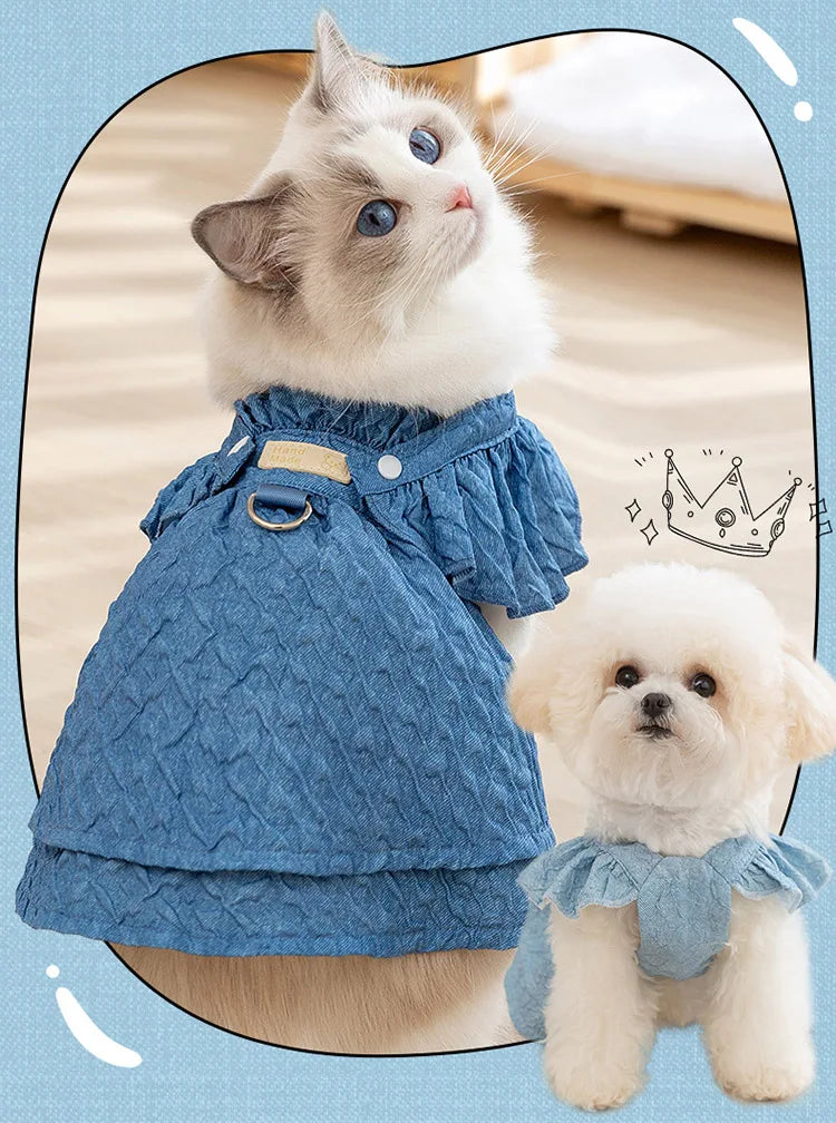 Denim Dog Dress With Leash Ring Flying Sleeves Summer Style