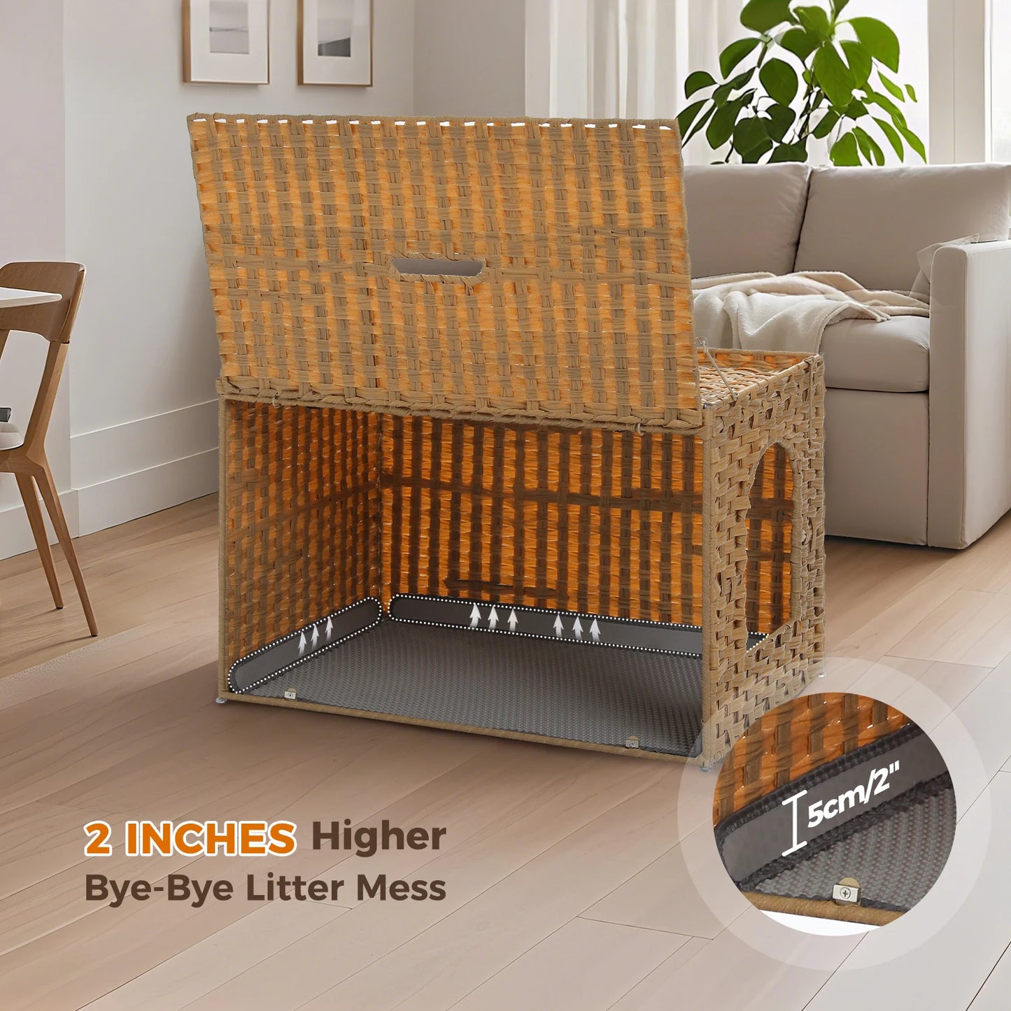 Rattan Cat Litter Box Enclosure with Stylish Flip-Up Design