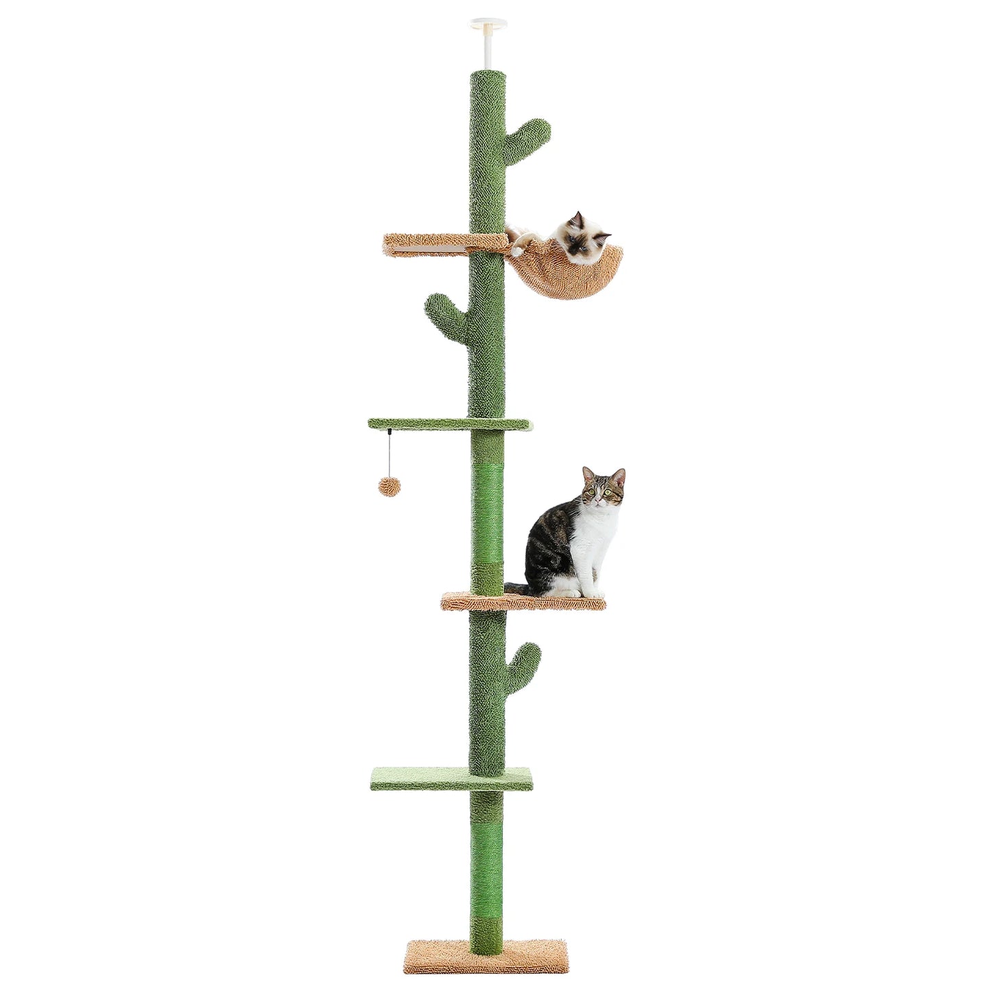 Cat Tree 5 Tier Floor to Ceiling Cat Tower Cactus Design Tall Climbing Tree with Scratching Post Hammock and Dangling Ball for Indoor Cats