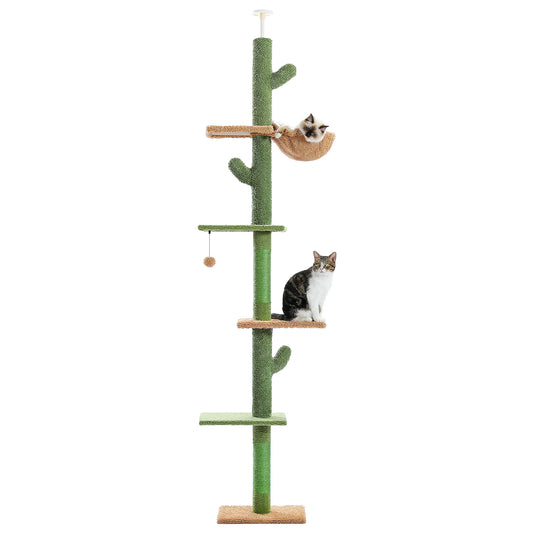 Cat Tree 5 Tier Floor to Ceiling Cat Tower Cactus Design Tall Climbing Tree with Scratching Post Hammock and Dangling Ball for Indoor Cats