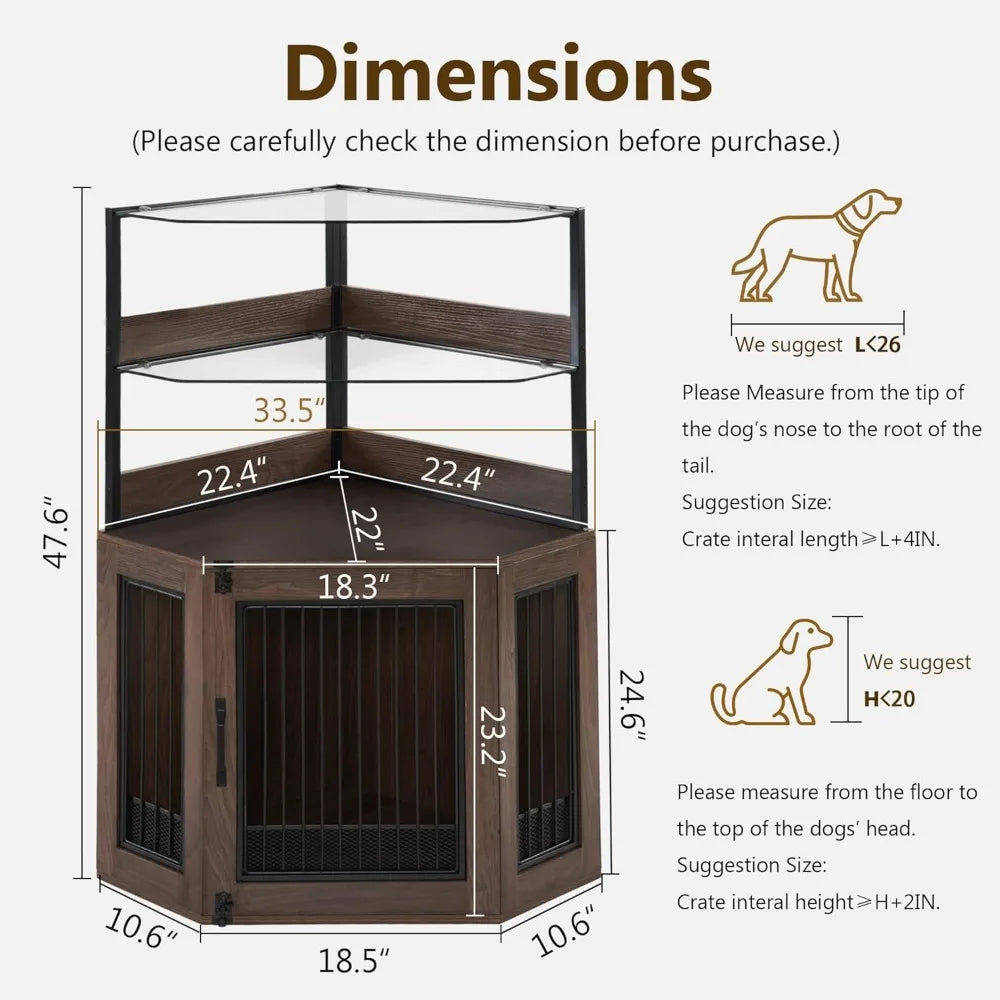 Elegant Glass Shelves Corner Dog Crate Furniture Indoor Use