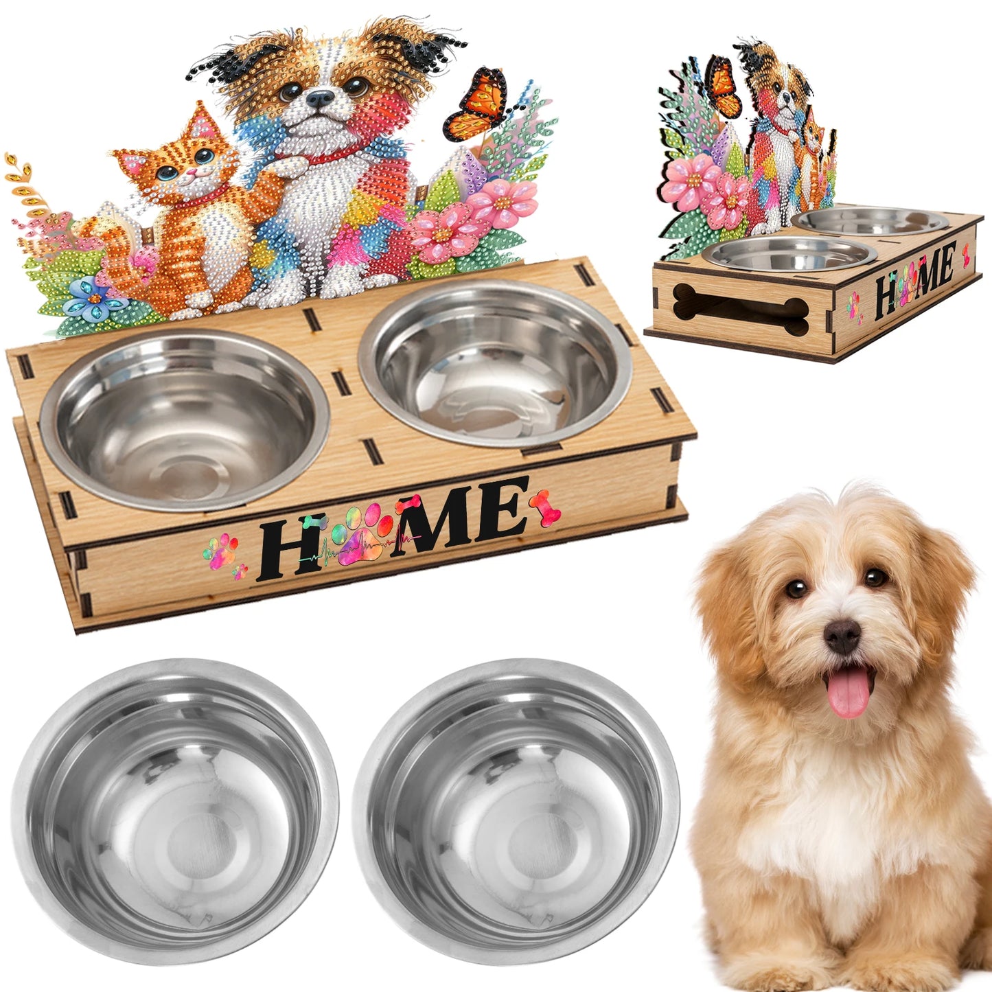 5D DIY Diamond Painting Water Feeder Kit Rhinestone Stainless Steel Pet Bowl for Cats and Dogs
