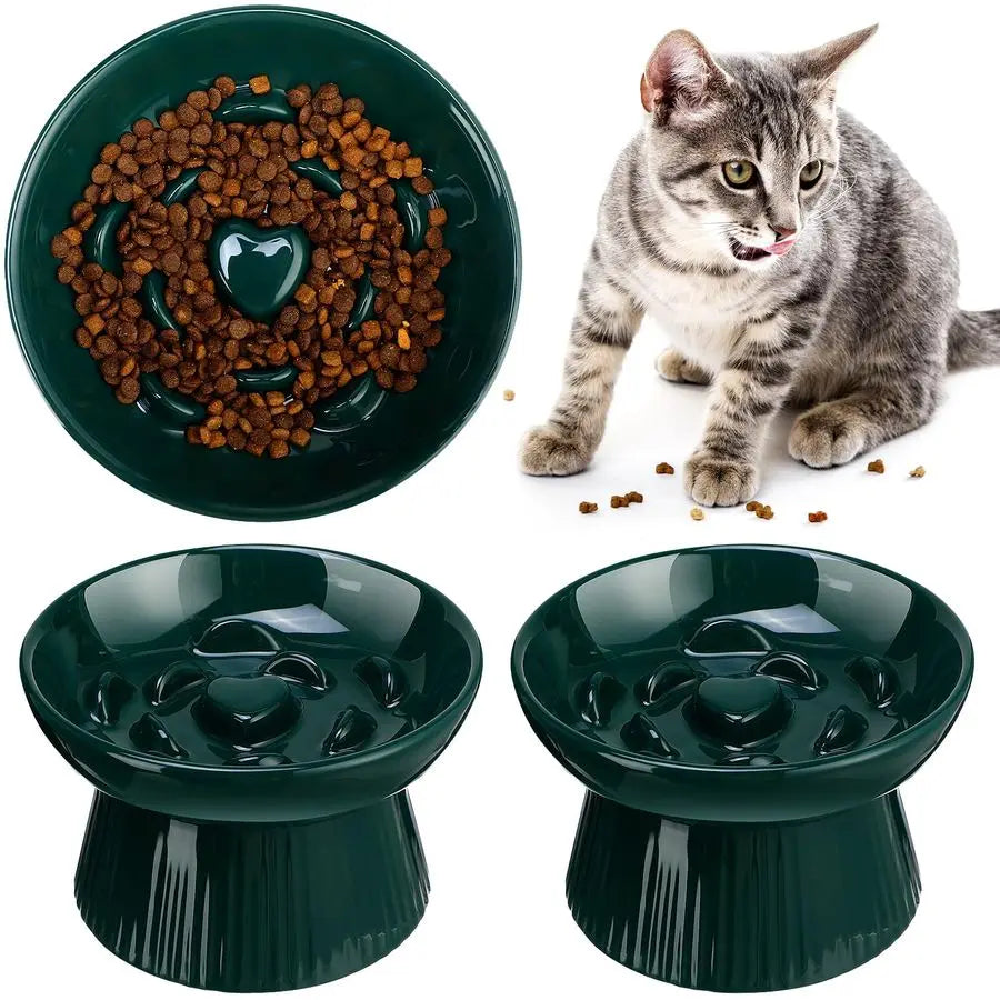 2 Pcs Raised Cat Slow Feeder Bowl Ceramic Elevated Cat Dog Food Bowl 