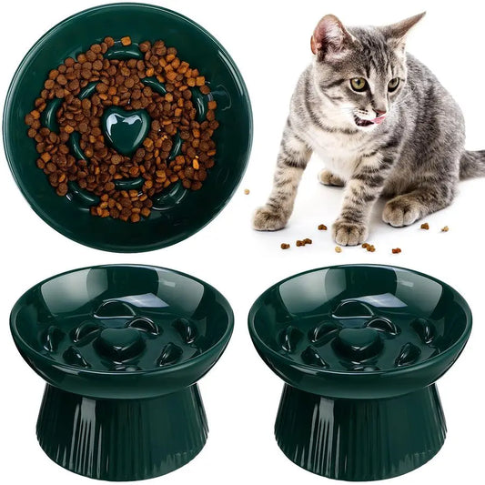 2 Pcs Raised Cat Slow Feeder Bowl Ceramic Elevated Cat Dog Food Bowl 