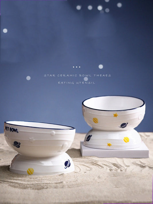 Planet Print Ceramic Cat Food Bowl With Slanted Design